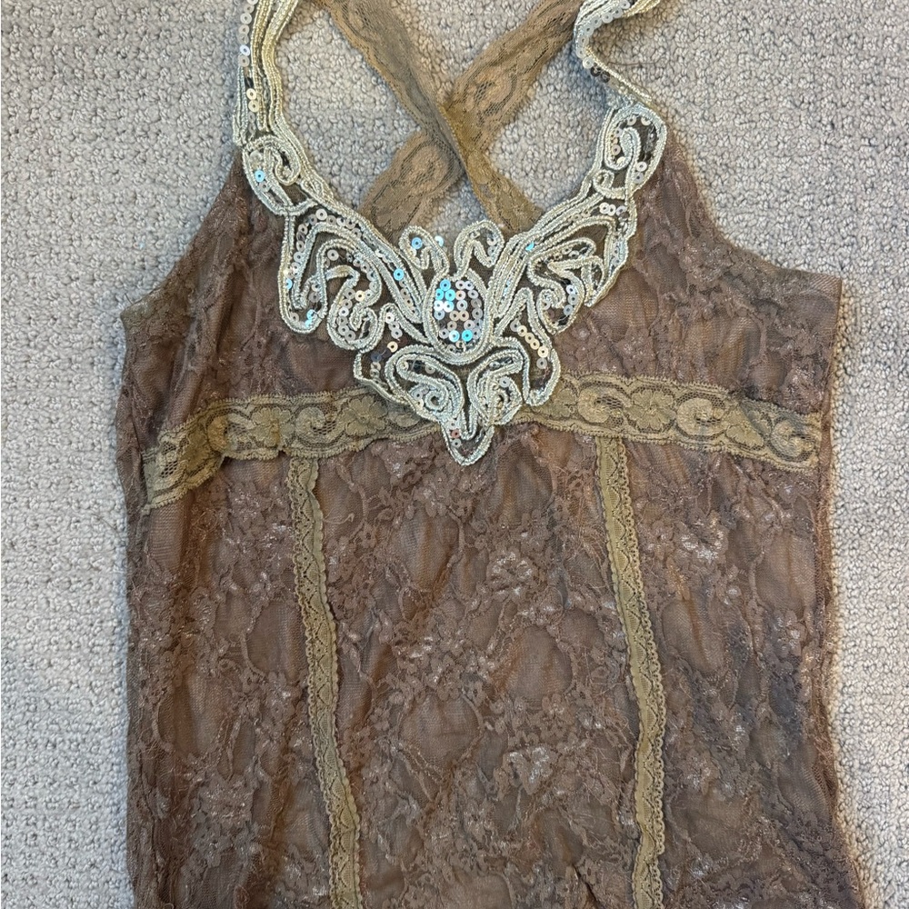 Brown Lace Halter Top with Beaded Detail